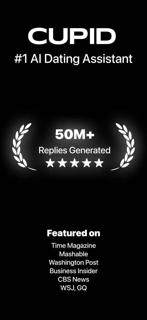 Tela promocional para o Cupid AI Dating Assistant mostrando 50 milhões de respostas geradas e lista de recursos de mídia incluindo Time Magazine e Business Insider
