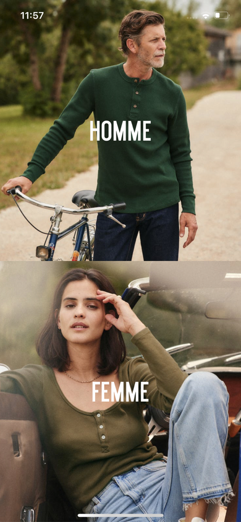 Asphalte - アスファルトアプリのホーム画面。男性と女性の衣料品コレクションのナビゲーションが表示されています。