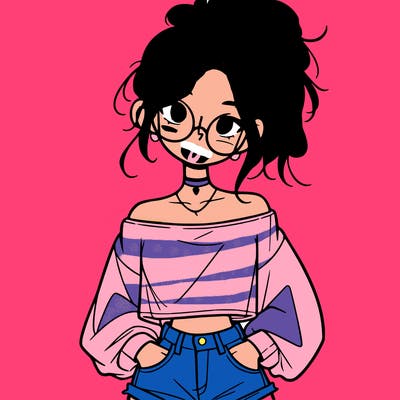 girl with a messy ponytail glasses a baggy crop top and jean shorts