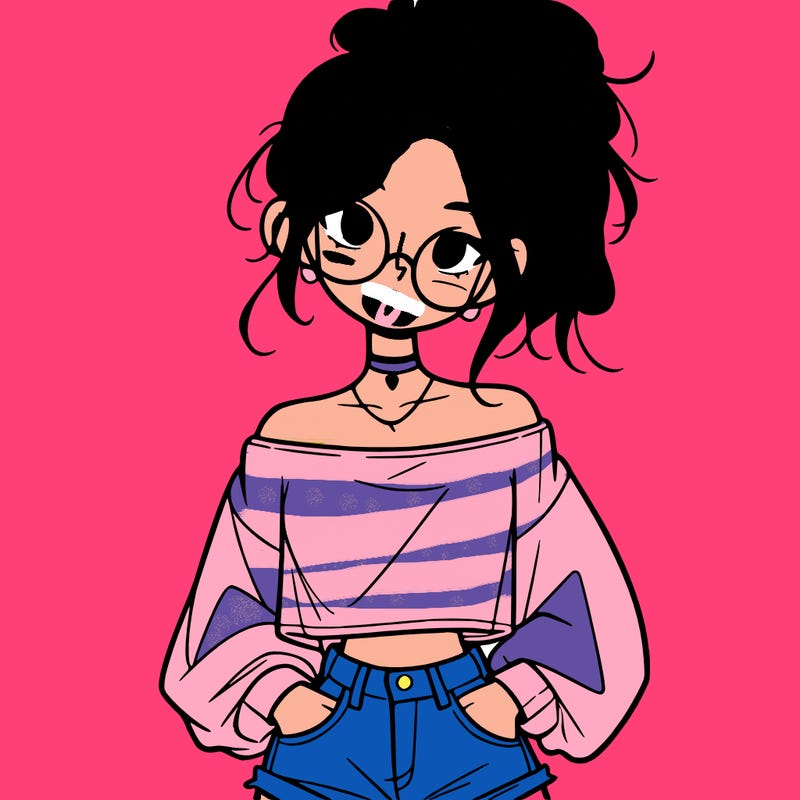 girl with a messy ponytail glasses a baggy crop top and jean shorts