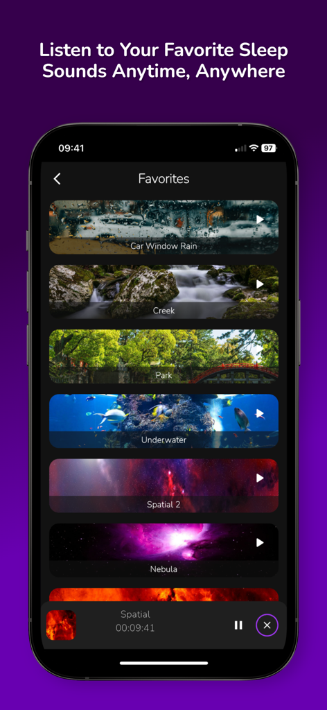 Sleep Sounds • Alarm & Tracker - Interfaz de la aplicación SLUMBERSPACE mostrando una lista de sonidos para dormir favoritos que incluyen arroyos de lluvia y escenas de la naturaleza