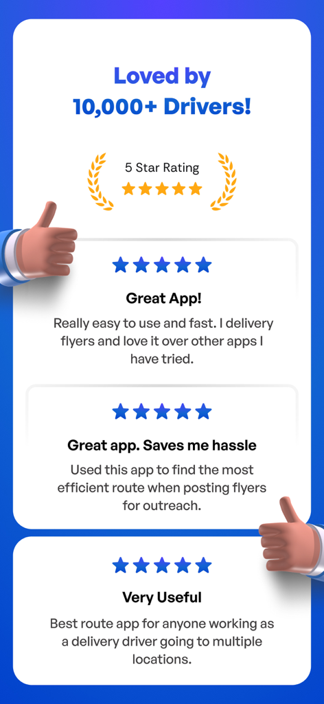 Screenshot showing 5-star ratings and positive user reviews for the Upper Delivery Route Planner app from delivery drivers.