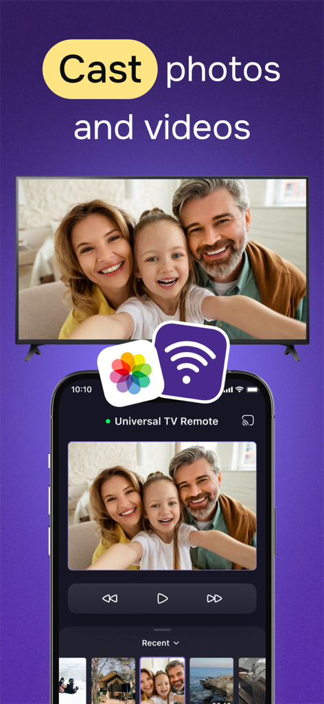 iPhone displaying the Flicky app casting a family photo to a smart TV screen
