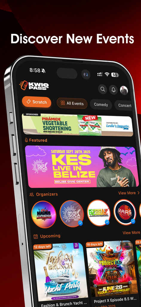 KwiqPassモバイルアプリのインターフェイスに、ベリーズの注目のイベントや今後のイベントが表示されています