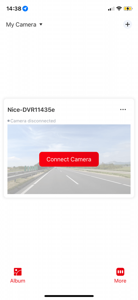 Nice DVR mobile app interface with a red button to connect to a dashcam.