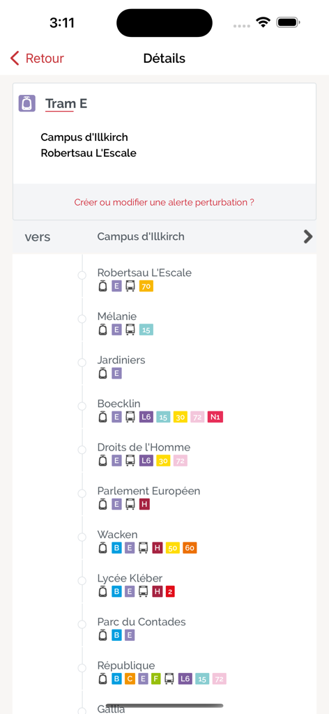 Mobile app interface showing stops and connections for tram line E in Strasbourg