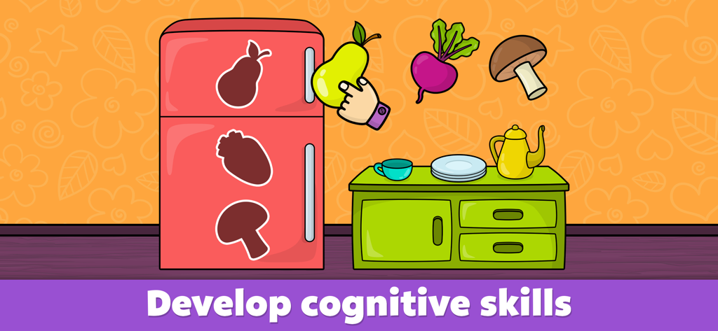 Toddler matching food items to silhouettes in an educational game.