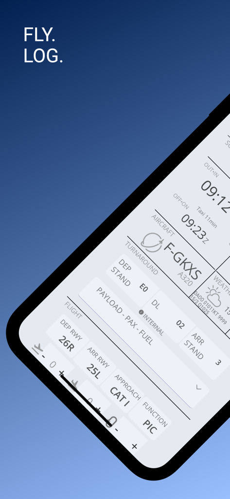 FlightLog App - A close up view of the FlightLog App interface showing flight details such as aircraft type block times and runway information on a mobile device