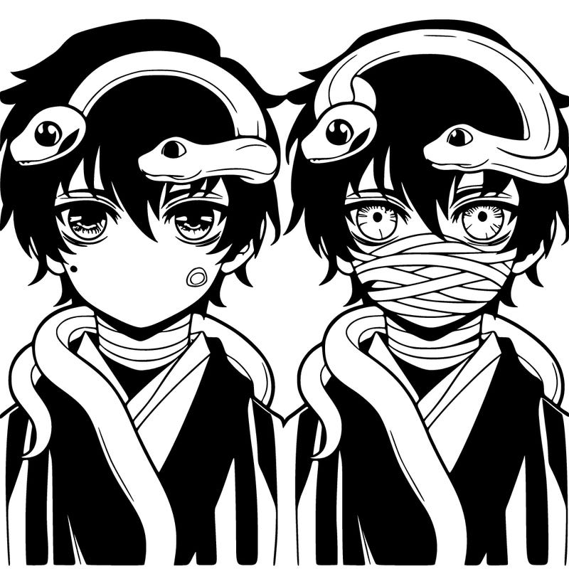 teenager boy, a white snake with red eyes around the boys neck, the boy has bandages wrapped around his mouth, the boy has two different eyes, he is wearing a black and white striped haori, black hair