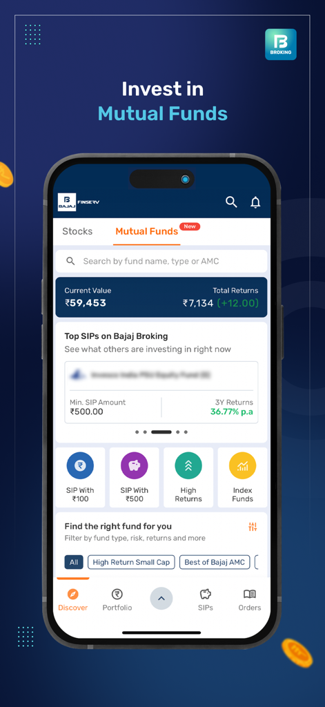 Smartphone displaying the Bajaj Broking app interface for mutual fund investments and SIP options in India.