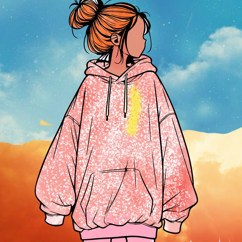 realistic girl with a oversized sweatshirt on and a bun