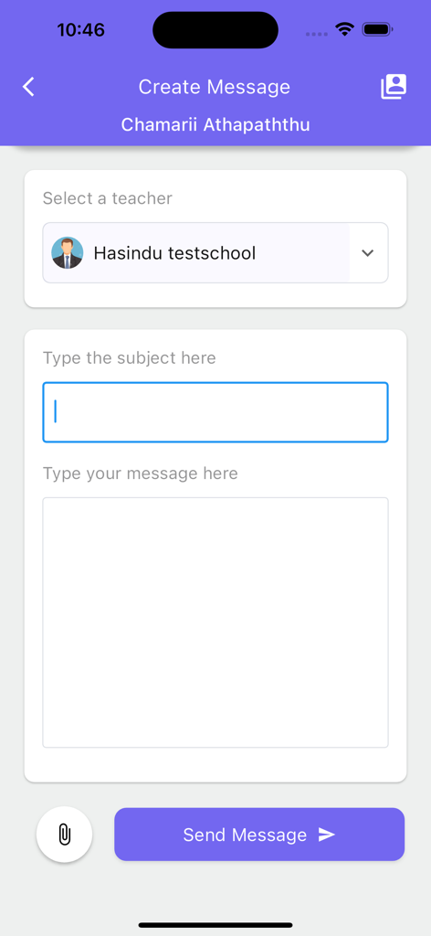 Zeta Plus Parent - Zeta Plus Parentアプリ内で、保護者が教師にメッセージを作成して送信するためのインターフェース。