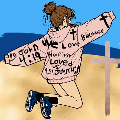 realistic girl jumping with a bun and oversized sweatshirt