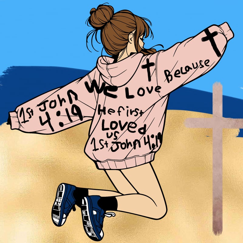 realistic girl jumping with a bun and oversized sweatshirt