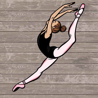 gymnast doing a leap in a leotard with a bent back leg