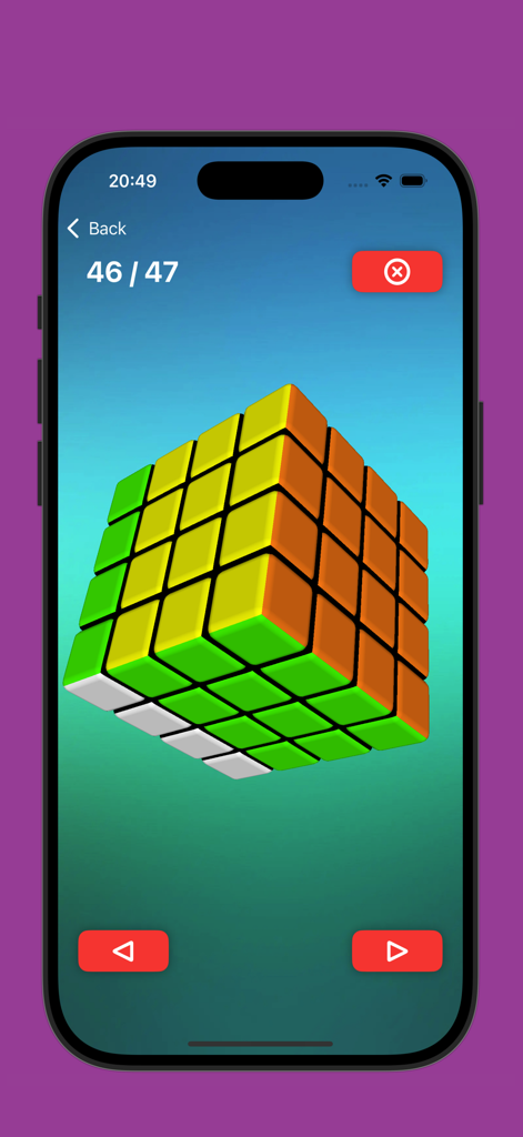 Magic Cube Solver 5x 3x 4x 2x - A mobile app interface showing step 46 of 47 to solve a 5x5 magic cube