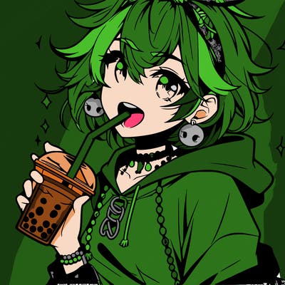 hot baddie anime girl drinking boba and biting the straw