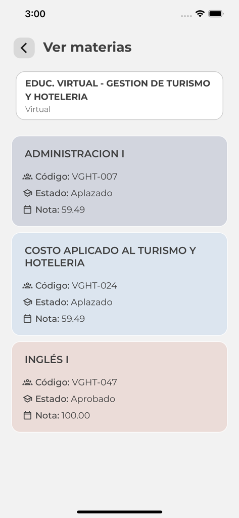 상태 및 성적이 포함된 대학 과목 목록을 보여주는 UA now 앱의 스마트폰 화면