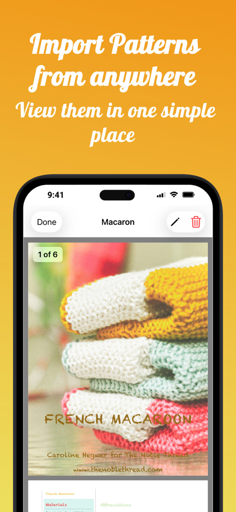 Crochet & Knit Pattern Library - PatternBook의 모바일 앱 인터페이스에 코바늘 및 뜨개질 패턴을 한곳에서 가져오고 보는 기능이 표시됩니다.
