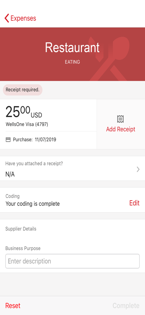 WellsOne Expense Manager - WellsOne Expense Manager app screen showing a restaurant transaction for twenty-five dollars with a button to add a receipt.
