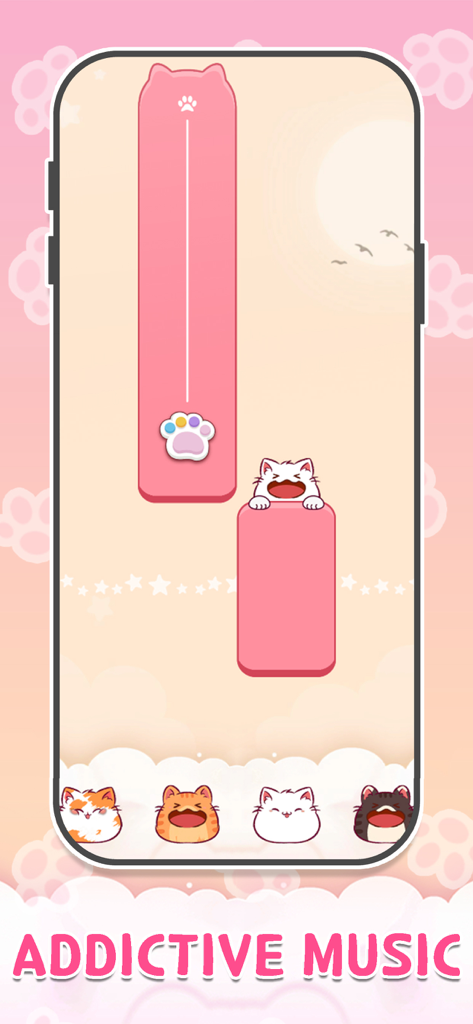Meow Tiles: Kpop & Cats Piano! - Gameplay screenshot of Meow Tiles showing pink cat-themed piano tiles and cute kitten characters with the text Addictive Music
