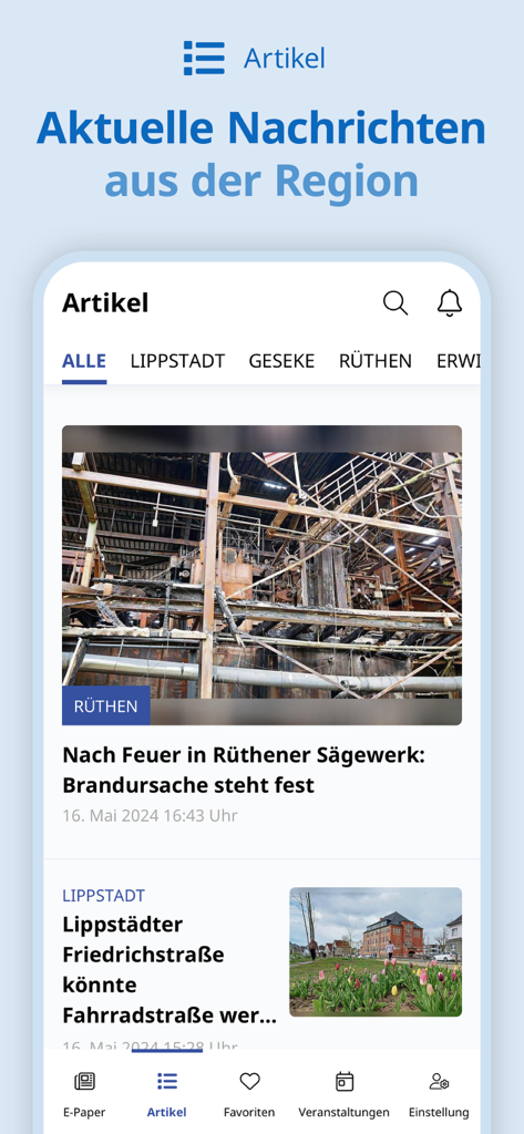Der Patriot Lippstadt - Screenshot of the regional news section in the Der Patriot Lippstadt app showing local headlines from Ruthen and Lippstadt