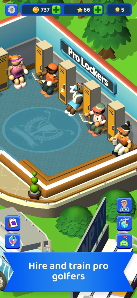Idle Golf Club Manager Tycoon - Pro golfers resting in the locker room of a golf club management simulator
