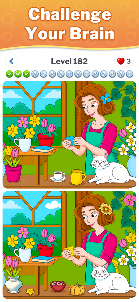 Captura de pantalla de jugabilidad del juego móvil Diferencias - Encuentra y Distingue que muestra un nivel de dibujos animados con una mujer y su gato