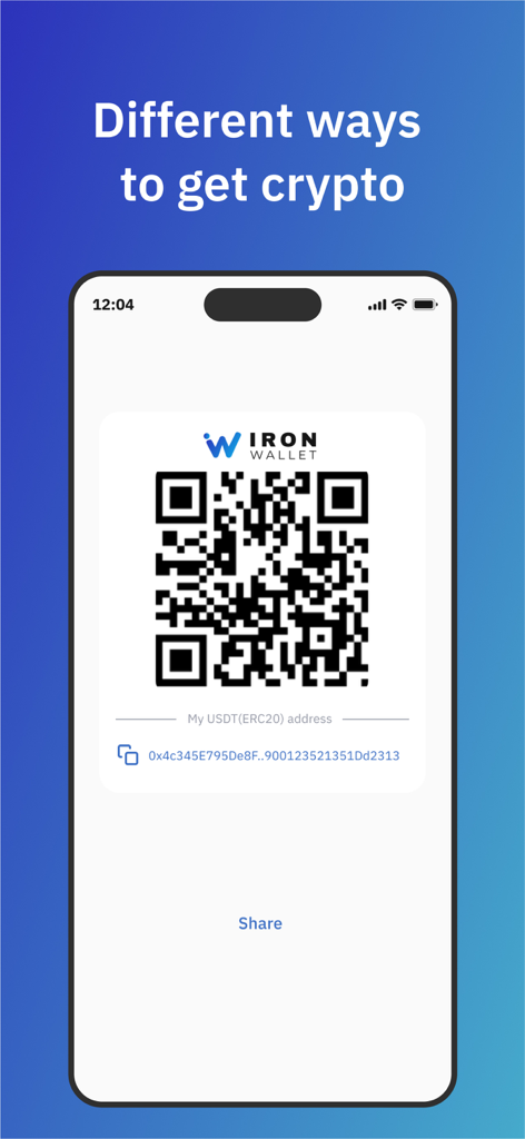 IronWallet App-Screenshot, der einen QR-Code und eine Wallet-Adresse zum Empfang von USDT-Kryptowährung zeigt.