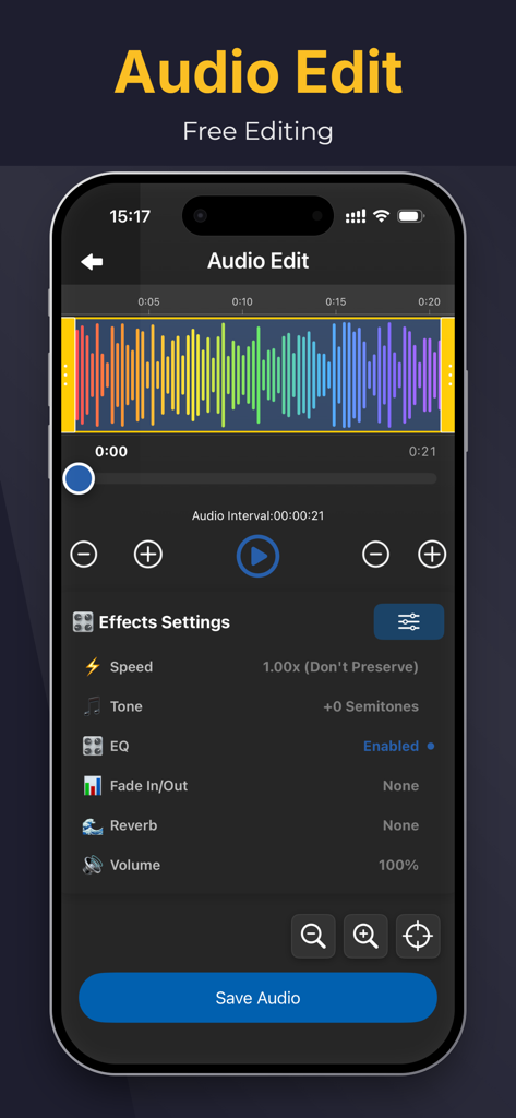 Écran d'application mobile pour le montage audio avec visualiseur d'onde coloré et divers paramètres d'effets sonores comme la vitesse et le ton