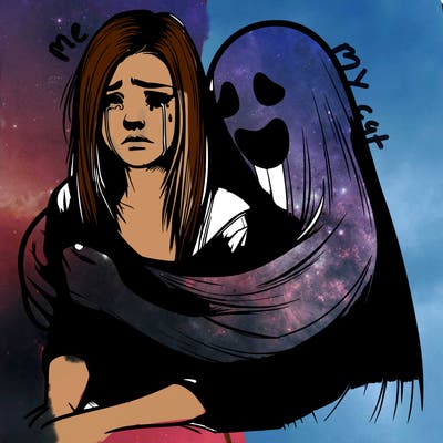 realistic girl crying but a ghost is huging her