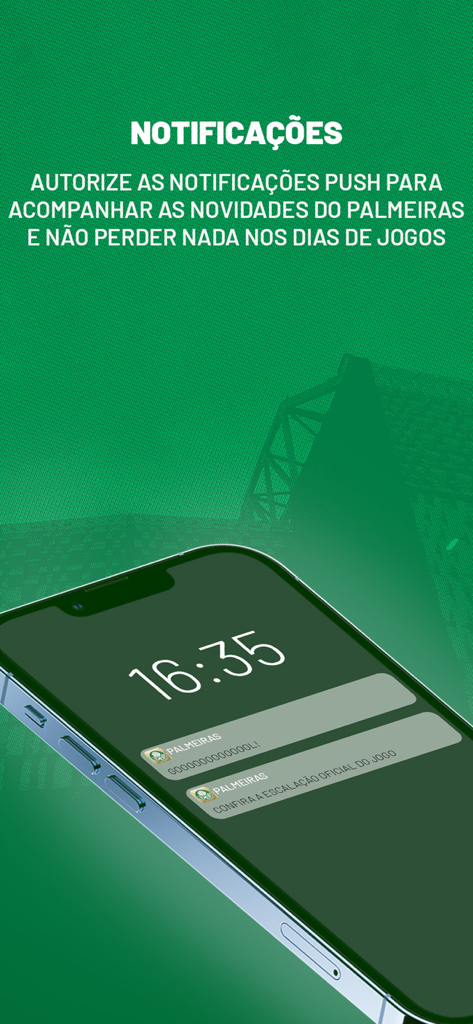 Palmeiras Oficial - Smartphone screen showing goal and official lineup push notifications from the Palmeiras Oficial soccer app