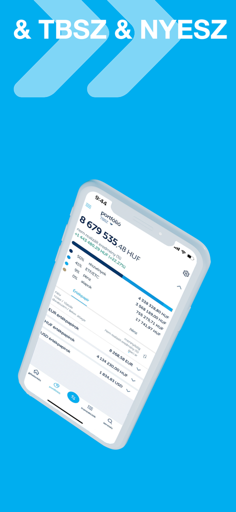 Pantalla de portafolio de la aplicación móvil K y H mobiltrader que muestra el saldo total de la inversión en Florines Húngaros y la asignación de activos