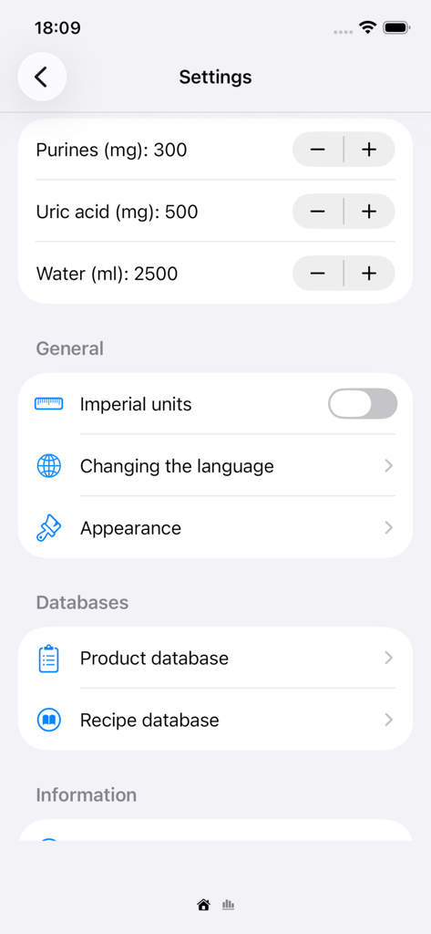 The settings screen of the PuriCalc app where users can configure daily goals for purines uric acid and water intake.