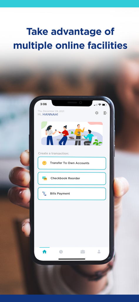 PNB CashNet plus app screen showing transaction options like transfer to own accounts, checkbook reorder, and bills payment