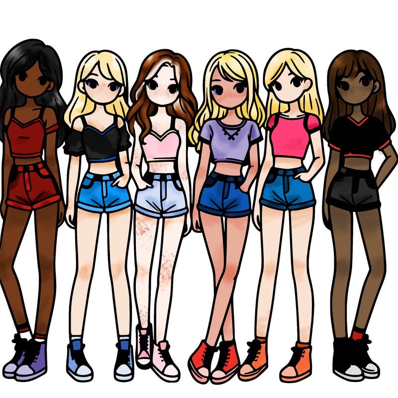a group of girls wearing crop tops and shorts