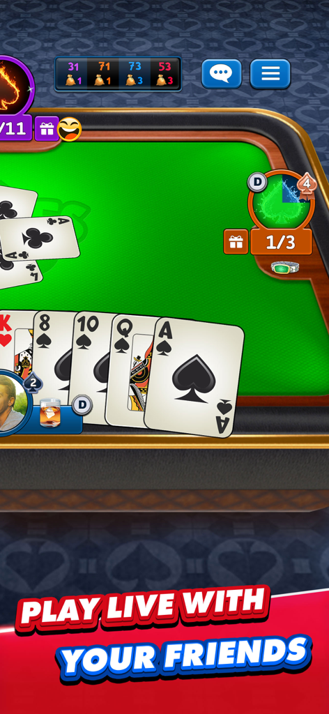 A gameplay screenshot of Spades Plus showing a player hand and the message Play Live With Your Friends on a green felt table.