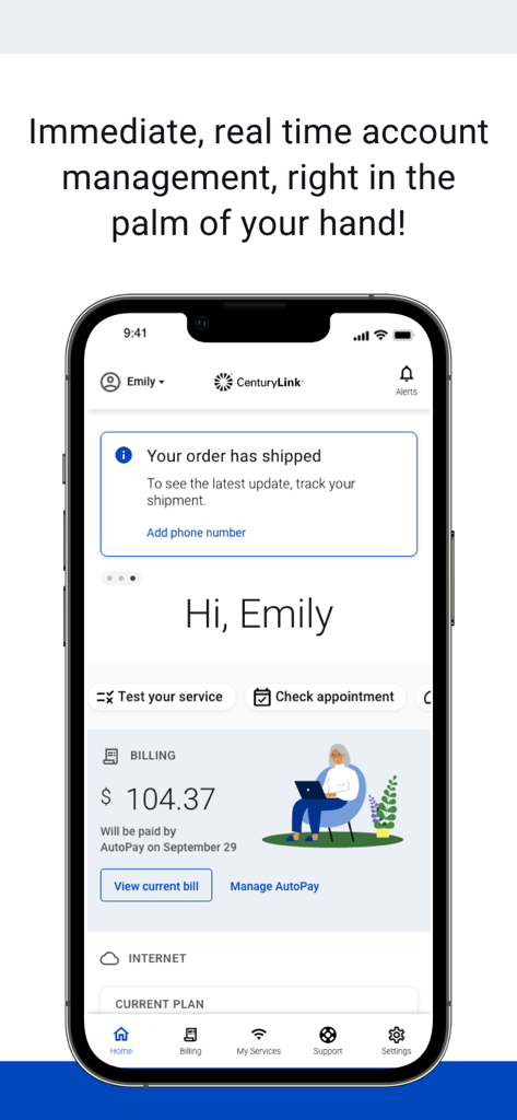 My CenturyLink - My CenturyLink app dashboard showing account billing and order status information