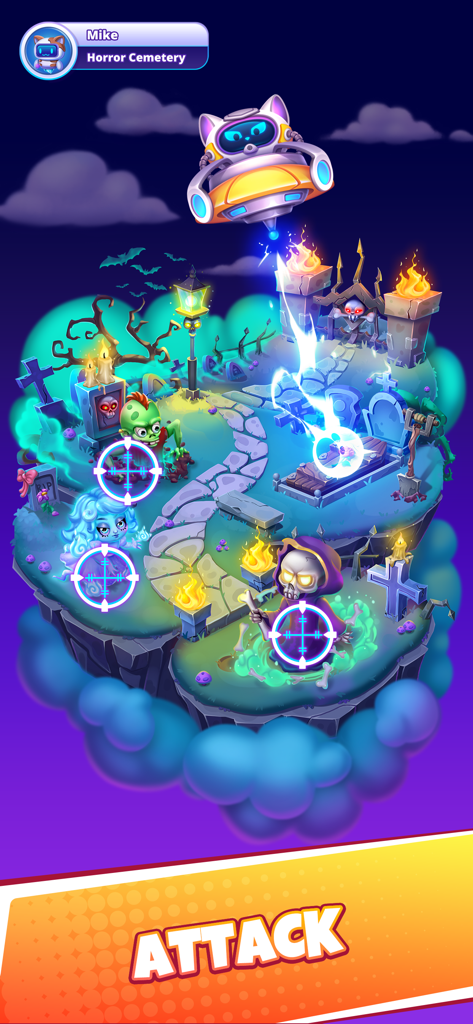 Time Master gameplay showing an attack on a spooky horror cemetery island with zombies and ghosts