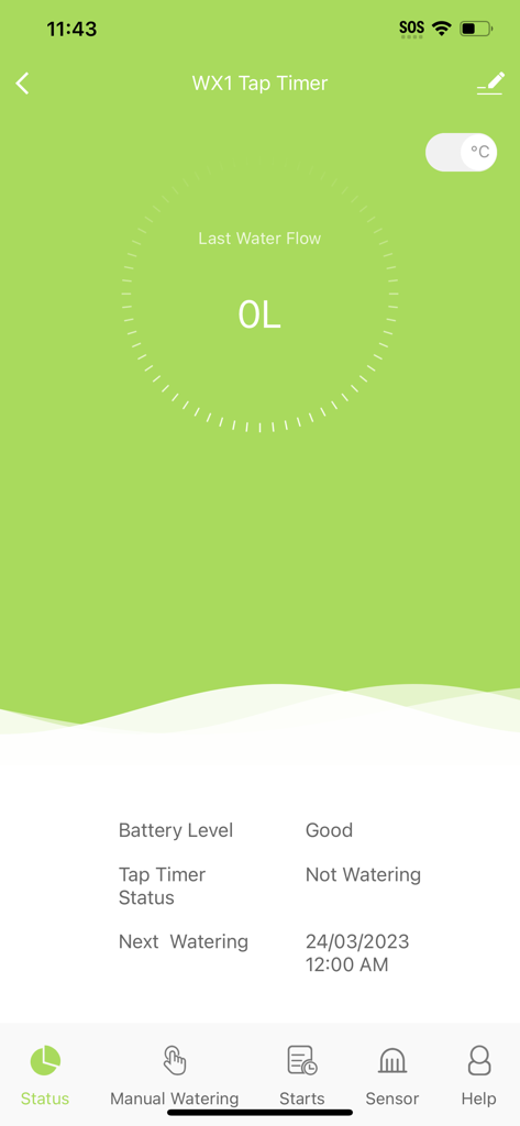 Holman Home - Dashboard di stato del timer per rubinetto WX1 di Holman Home che mostra flusso d'acqua e livello della batteria