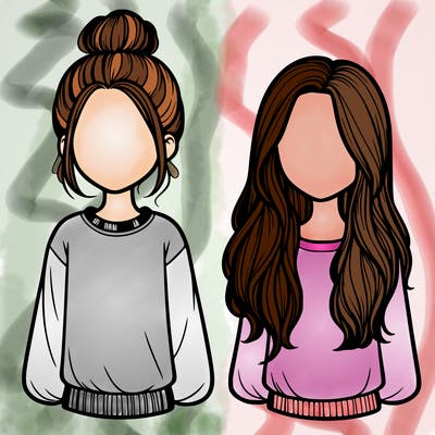 one girl with a bun and a sweatshirt and the other girl with long, realistic hair