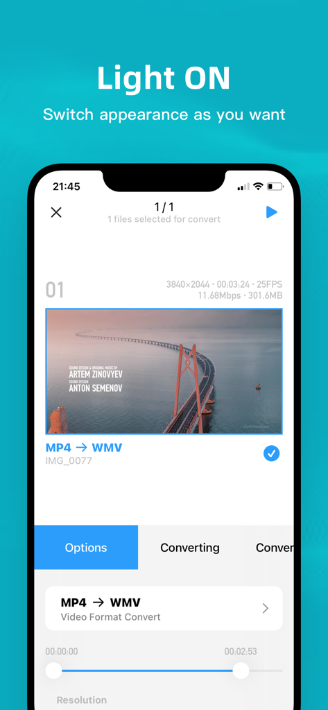 Tela do iPhone do aplicativo Video Converter Pro em modo claro mostrando uma interface de conversão de MP4 para WMV