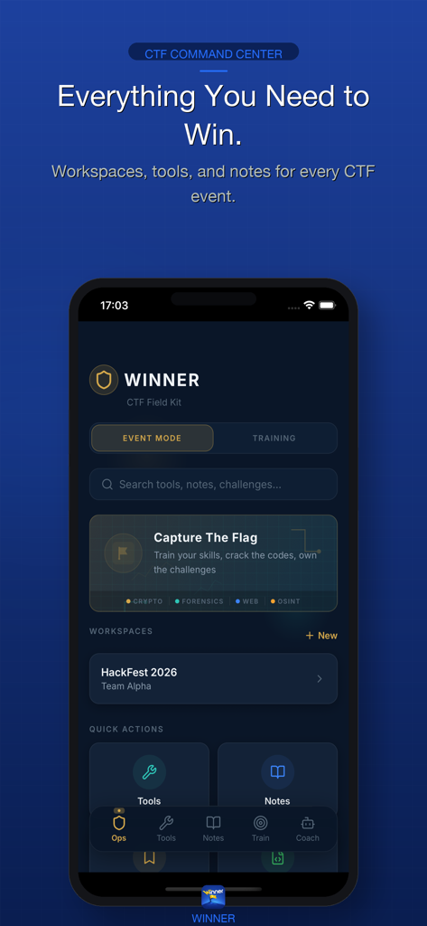Winner CTF - Pantalla de inicio de la aplicación móvil Winner CTF que muestra el centro de comando CTF con espacios de trabajo y herramientas para competencias de hacking