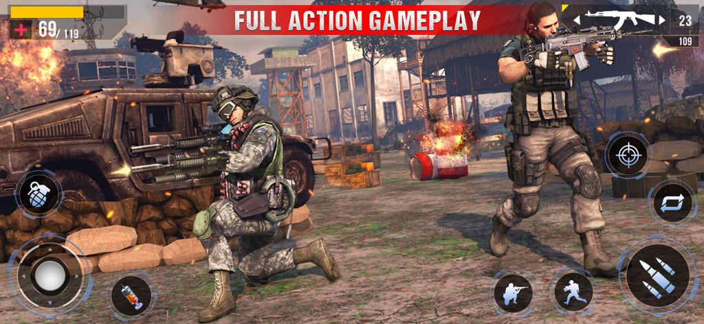 FPS Commando Gun Game Offline - Action gameplay featuring two commandos in a tactical military combat zone
