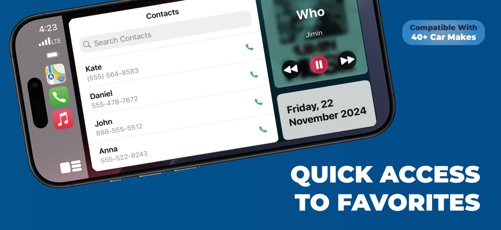 Interface of Car Play Connect app showing contacts list and music player widget