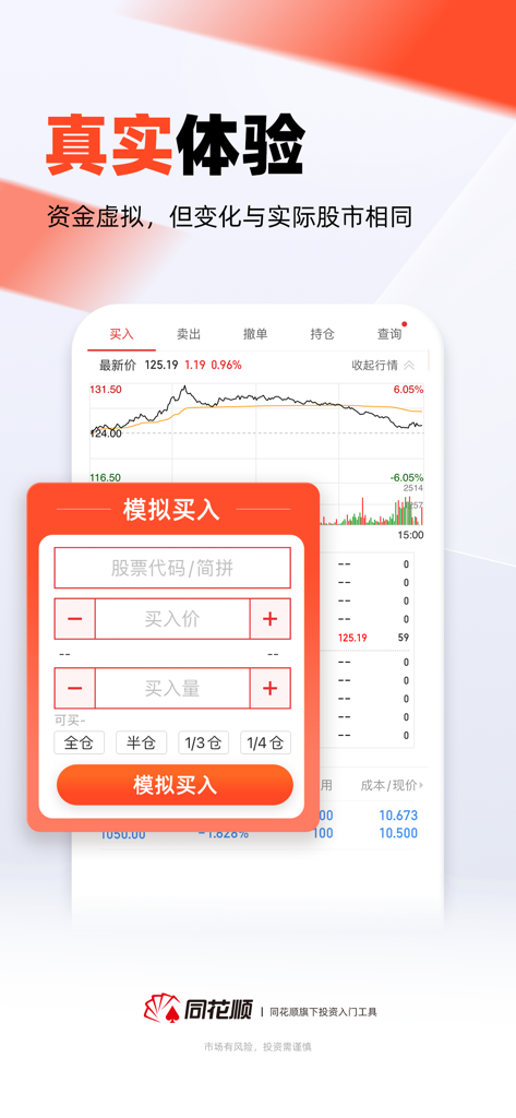 Tonghuashun virtual stock trading app showing a simulated buy order interface with real-time price charts