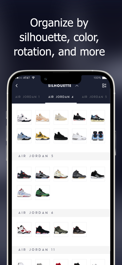 Unboxed app screen showing a digital sneaker collection organized by silhouette and model