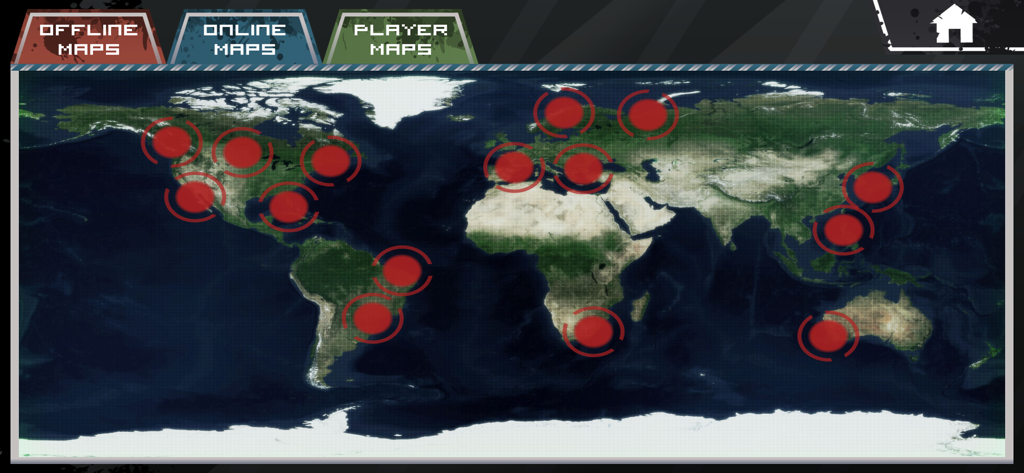 Zombie Outbreak Simulator - A global map screen in the Zombie Outbreak Simulator app showing red infection markers across various continents.
