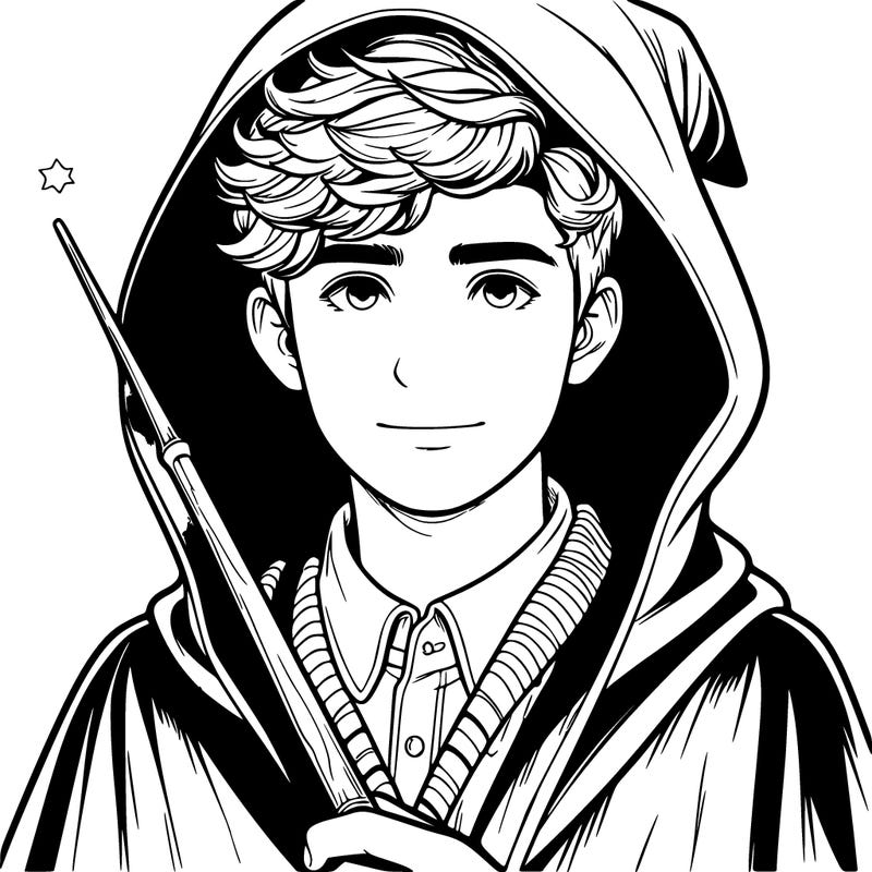 realistic boy wizard teen wearing cloak full body with a wand