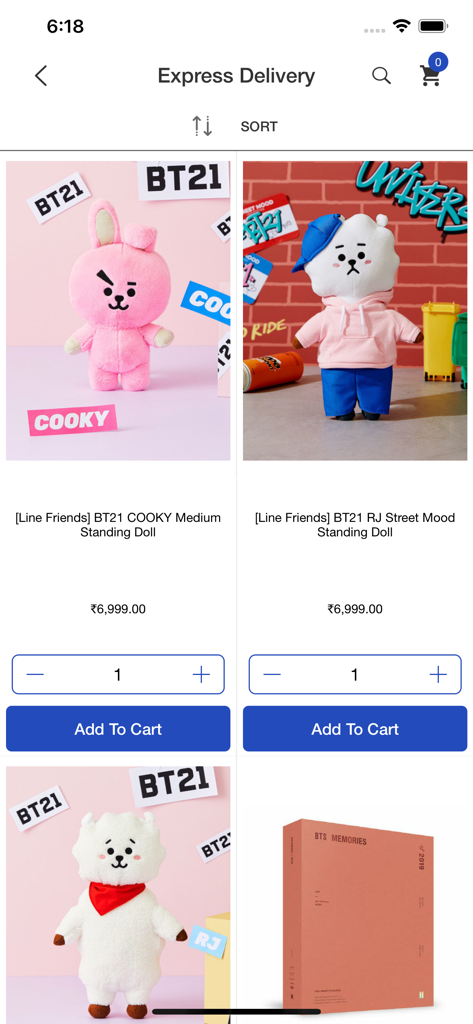 Kpopstore - Kpopstore app screen showing BT21 character dolls with prices and add to cart buttons under the express delivery section